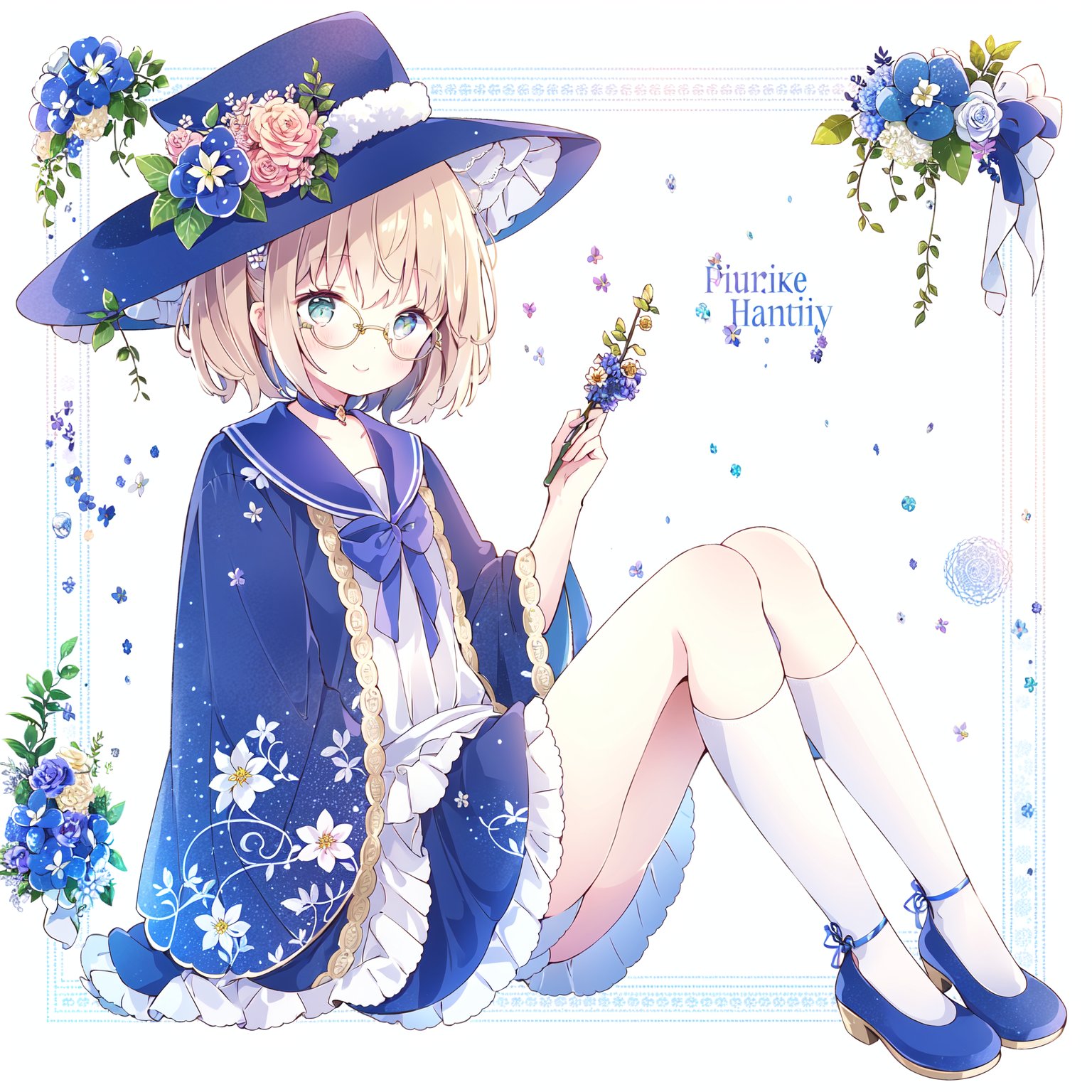 1girl,blue_bow,blue_choker,blue_flower,blue_ribbon,character_name,choker,sitting,long_sleeves,mary_janes,kneehighs,copyright_name,daisy,dress,floral_background,flower,full_body,glasses,green_eyes,hat,holding,holding_flower,hydrangea,leaf,lily_\(flower\),lily_of_the_valley,lotus,morning_glory,plant,ribbon,sailor_collar,short_hair,smile,solo,white_flower,white_headwear,<lora:20231231-1704012408435-0020:0.8>,