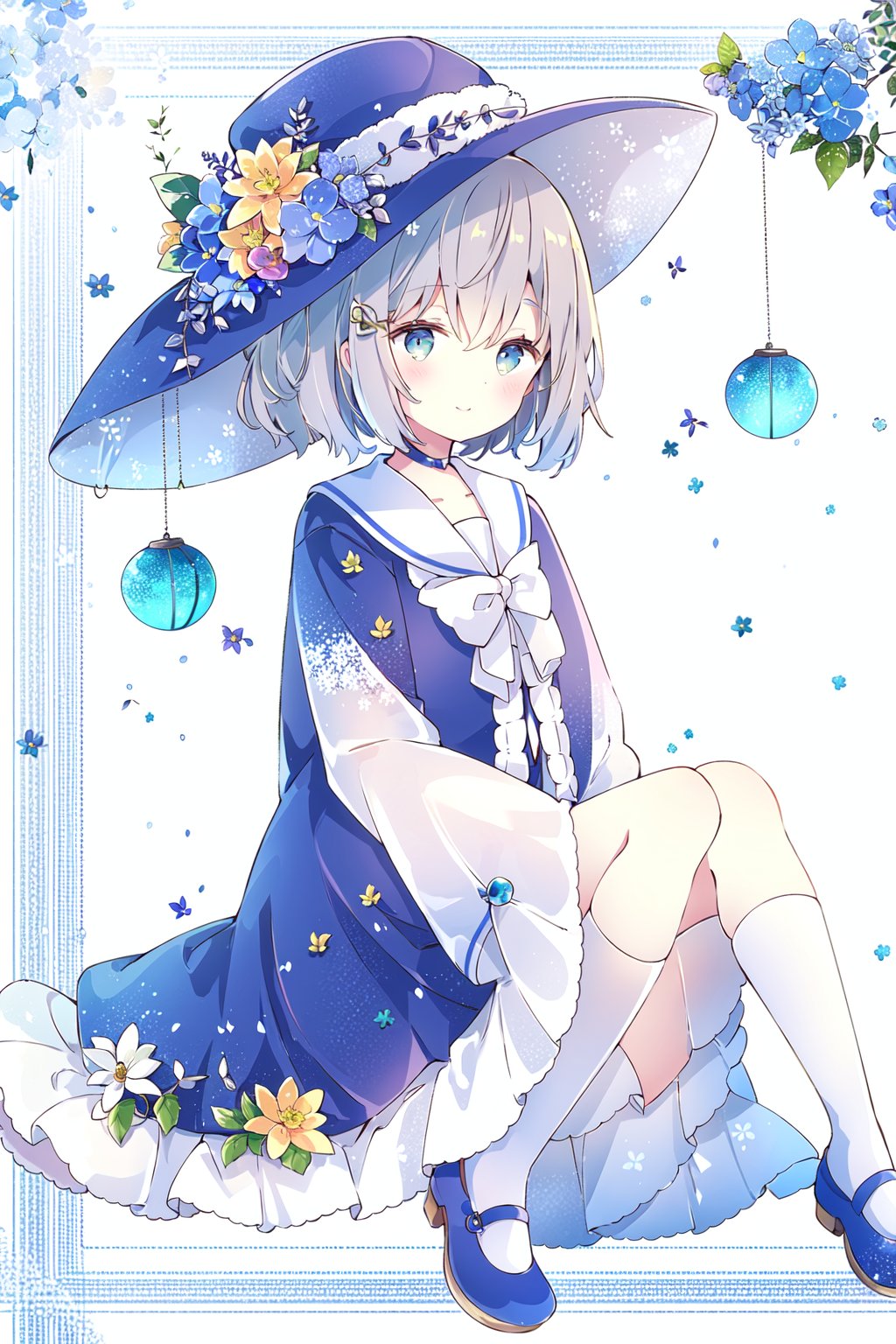 1girl,blue_bow,blue_choker,blue_flower,blue_ribbon,character_name,choker,sitting,long_sleeves,mary_janes,kneehighs,copyright_name,daisy,dress,floral_background,flower,full_body,glasses,green_eyes,hat,holding,holding_flower,hydrangea,leaf,lily_\(flower\),lily_of_the_valley,lotus,morning_glory,plant,ribbon,sailor_collar,short_hair,smile,solo,white_flower,white_headwear,<lora:20231231-1704012408435-0020:0.8>,