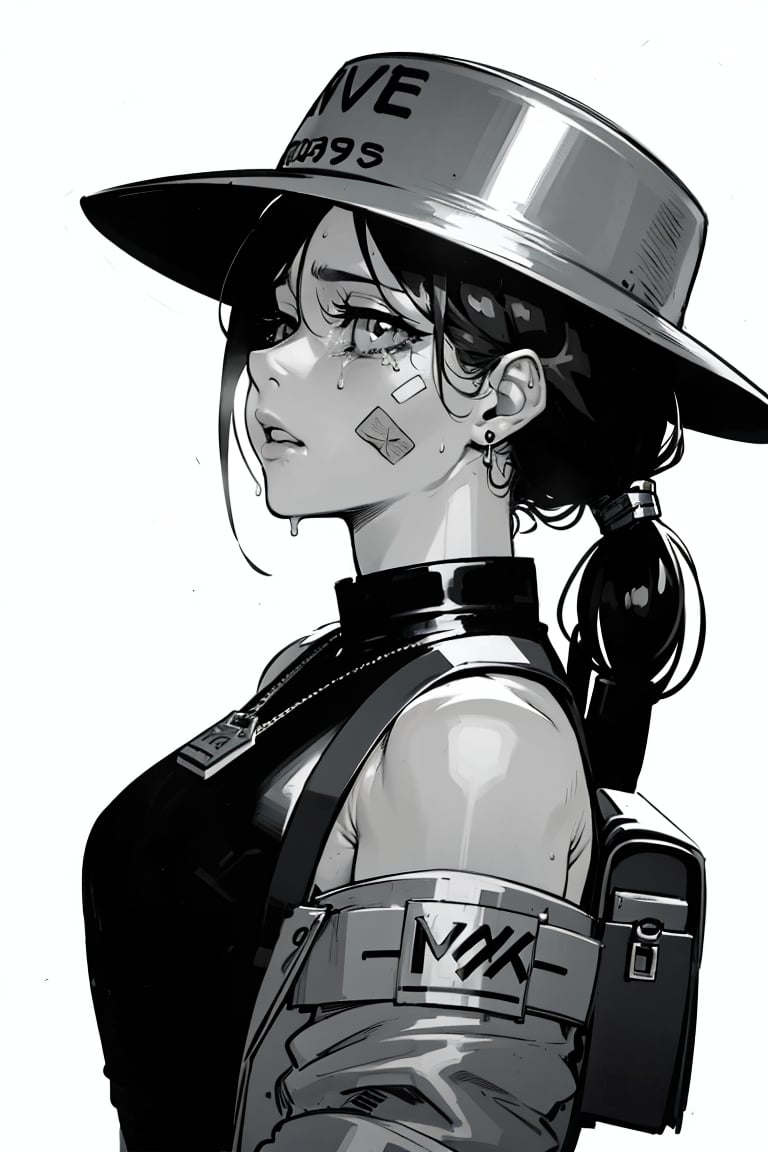 (masterpiece), (best quality:1.6), Studio lighting, (uncompressed image), (lineart:1.1), absurdres,  official art, (sharp focus),  8k UHD,  highres, expressive eyes, perfect face, 1girl, solo, breasts, hat, jewelry, jacket, monochrome, upper body, ponytail, greyscale, earrings, tears, bag, from side, profile, ring, backpack, helmet, crying, bandaid, crying with eyes open, bandaid on face, dog tags, lighter, ((original_character)),1girl