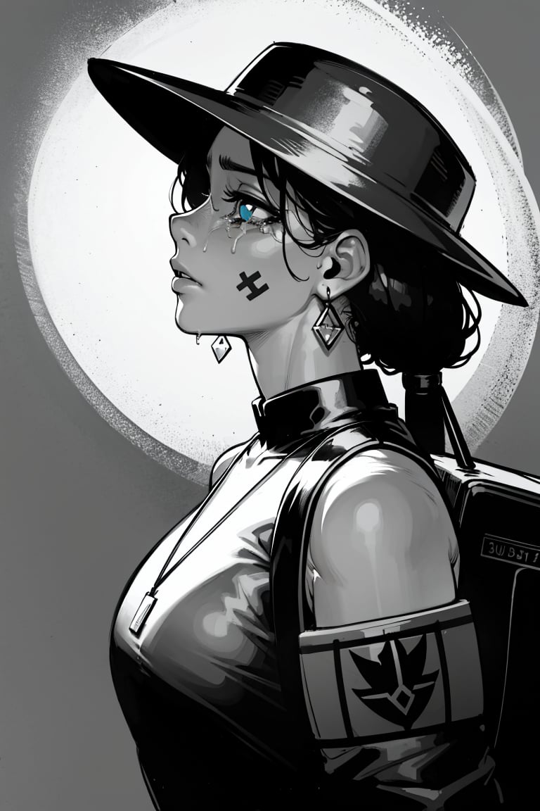 (masterpiece), (best quality:1.6), Studio lighting, (uncompressed image), (lineart:1.1), absurdres,  official art, (sharp focus),  8k UHD,  highres, expressive eyes, perfect face, 1girl, solo, breasts, hat, jewelry, jacket, monochrome, upper body, ponytail, greyscale, earrings, tears, bag, from side, profile, ring, backpack, helmet, crying, bandaid, crying with eyes open, bandaid on face, dog tags, lighter, original_character