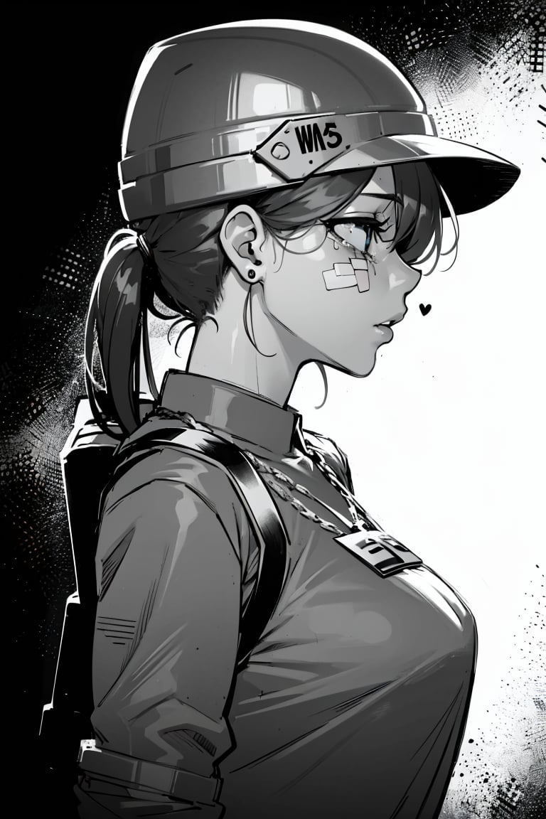 (masterpiece), (best quality:1.6), Studio lighting, (uncompressed image), (lineart:1.1), absurdres,  official art, (sharp focus),  8k UHD,  highres, expressive eyes, perfect face, 1girl, solo, breasts, hat, jewelry, jacket, monochrome, upper body, ponytail, greyscale, earrings, tears, bag, from side, profile, ring, backpack, helmet, crying, bandaid, crying with eyes open, bandaid on face, dog tags, lighter, ((original_character)),1girl