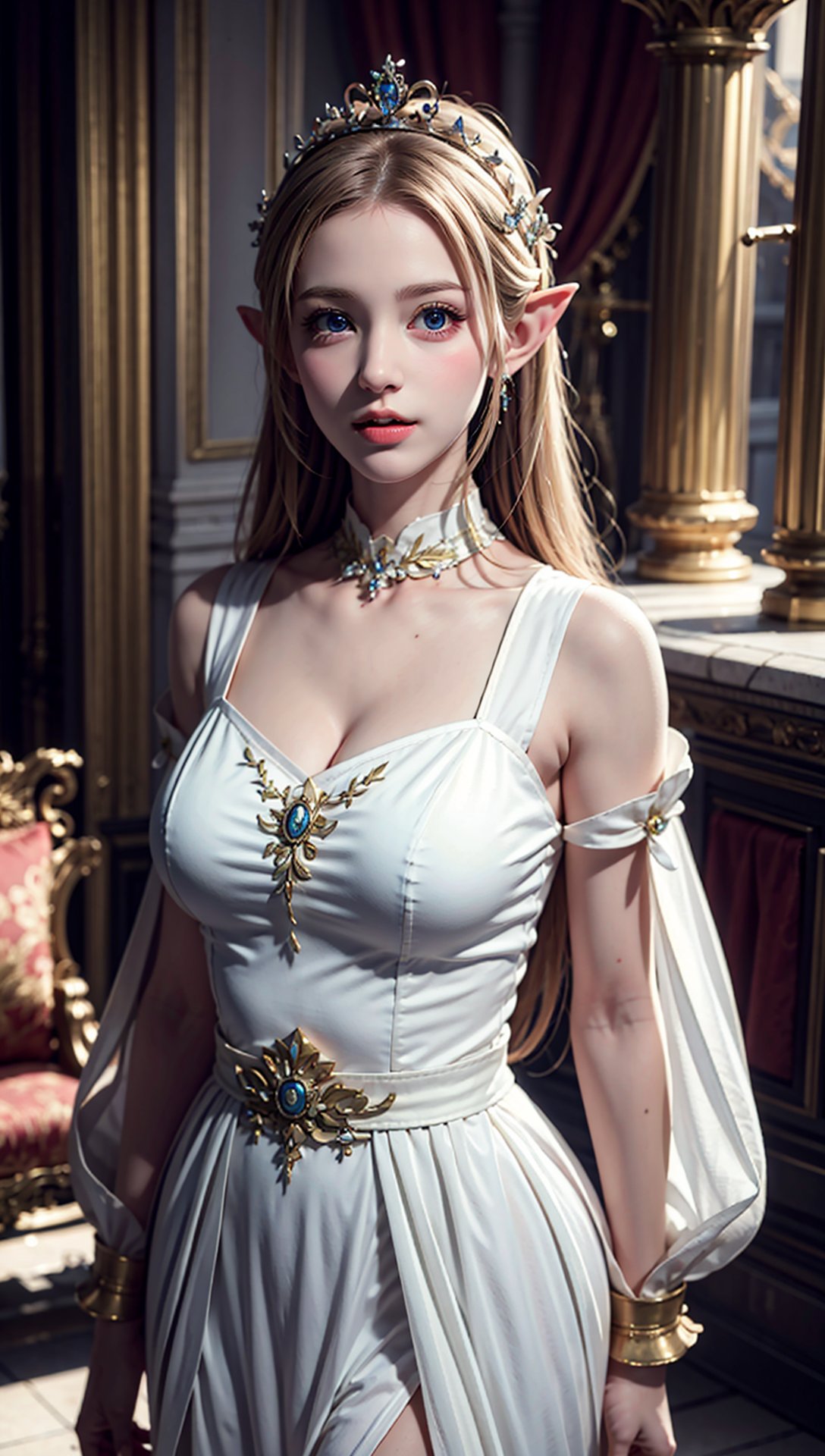 (best quality, masterpiece:1.2),ultra detailed,(photo realistic:1.4),white ruffle dress,royal palace,elven_princess,<lora:ElvenPrincess_v1:0.5>,