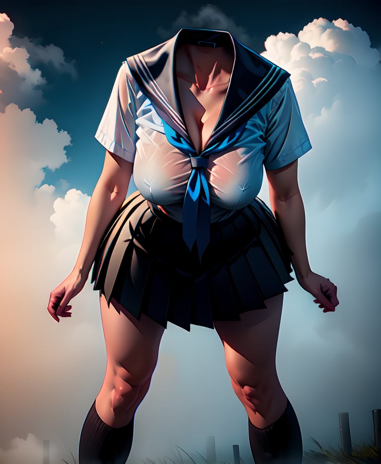 StudentofMisery,white shirt,neckerchief,pleated skirt,sailor collar,
(headless female,headless:1.2),
standing,upper body,leaning forward,cleavage,
(insanely detailed, masterpiece, best quality),
night,fog,park,,

