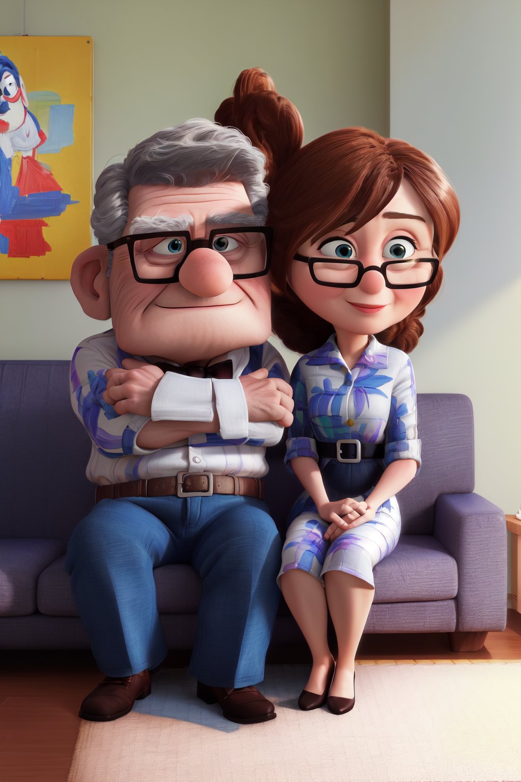  (((masterpiece))),best quality, they are (husband and wife). They are talking when sitting on the sofa. 
Husband: about 30yo, wear suit
Wife: 25yo,, brown hair, inba dress.
,Pixar Up 2009 style,Wonder of Art and Beauty,old_aged Pixar Up 2009 style,Enhance