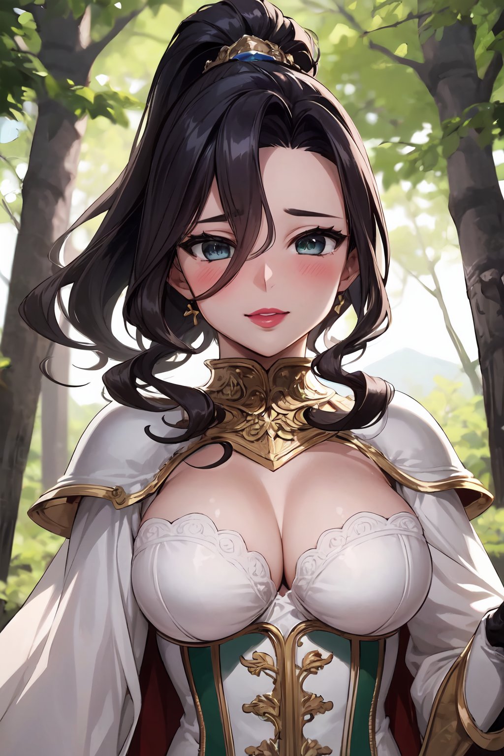  masterpiece, best quality, Pedra, 1girl, mature female, solo, black hair, wavy hair, hair tied into ponytail with a hairband, green eyes, blush, lipstick, large breasts, white corset, armor, armor gloves, woods