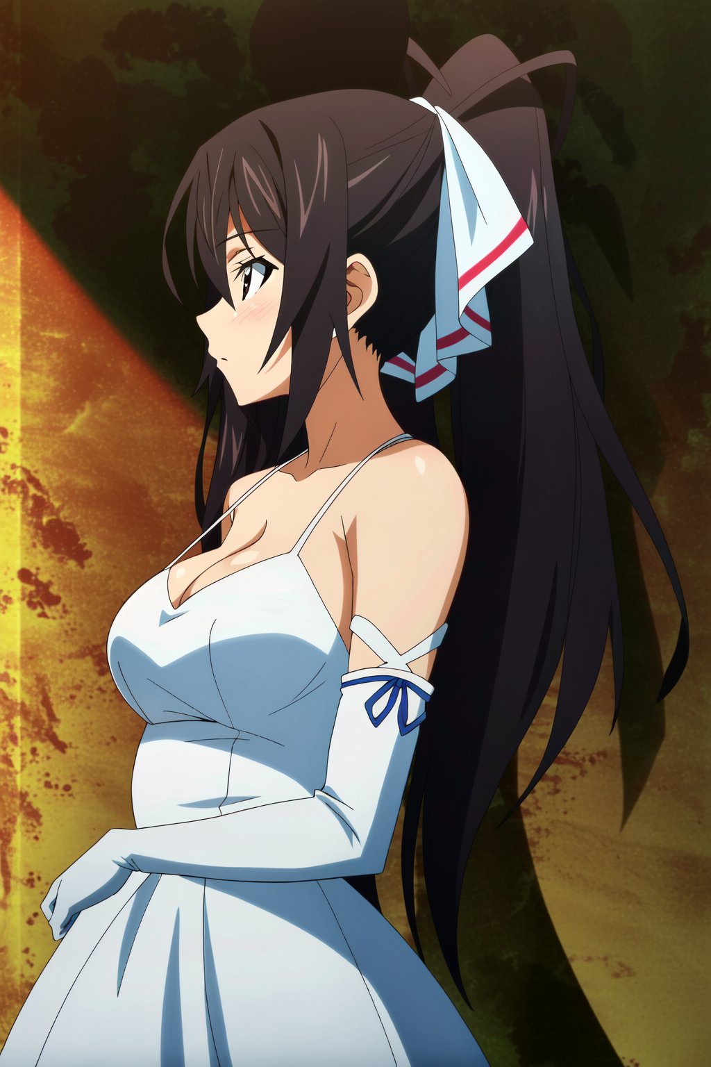 (extremely detailed CG unity 4k wallpaper),(masterpiece),(best quality),(ultra-detailed),(best illustration),(best shadow),(absurdres),(detailed background), <lora:OGT_Houki_Shinonono-v1:0.9> Houki Shinonono, 1girl, breasts, long hair, cleavage, gloves, white elbow gloves, white dress, ponytail, black hair, medium breasts, profile, solo