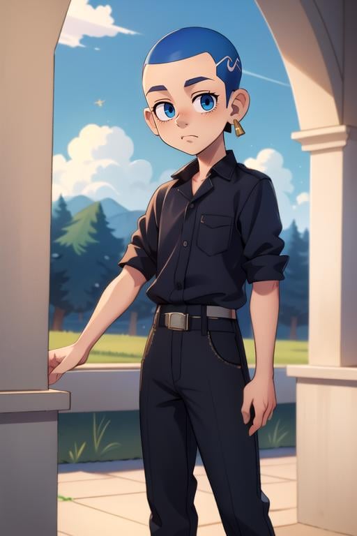 (best quality:1.1), (masterpiece:1.4), , , , , , , 1boy, solo, male focus, <lora:hakkai_shiba:0.74>, hakkai_shiba, blue hair, blue eyes, , very short hair, buzz cut, , , ,