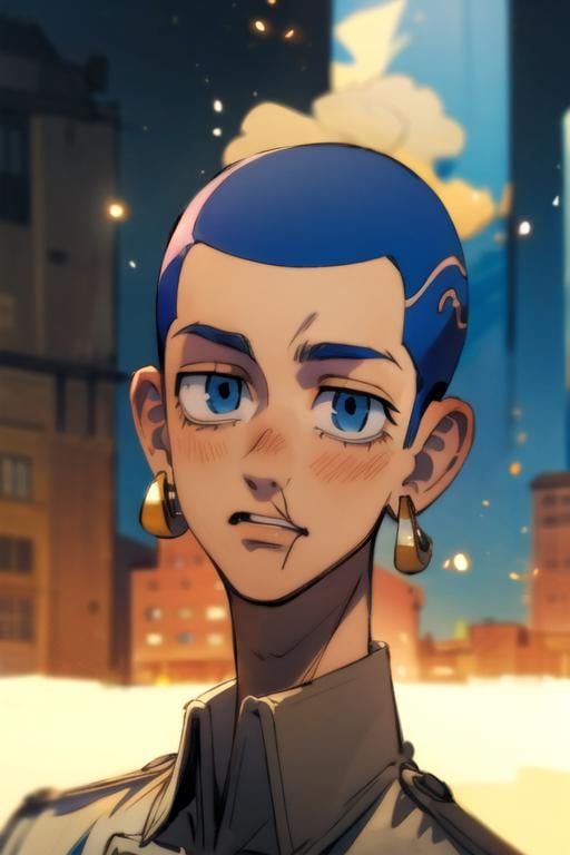 (best quality:1.1), (masterpiece:1.4), photorealistic, , , depth of field, anime coloring, , 1boy, solo, male focus, <lora:hakkai_shiba:0.98>, hakkai_shiba, blue hair, blue eyes, short hair, very short hair, buzz cut