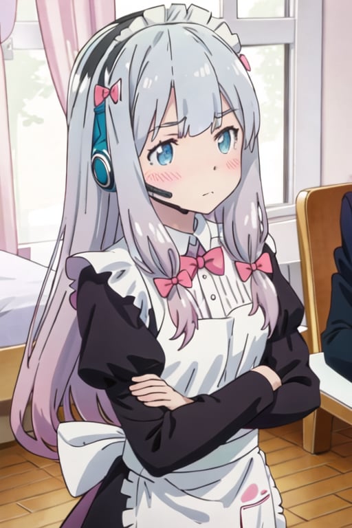 best quality, masterpiece, highres, solo, {maid:1.40}, {long maid dress:1.15}, {izumi_sagiri_eromangasensei:1.15}, grey_hair, long_hair, blush, bow, hair_bow, pink_bow, blue_eyes, bangs, pajamas, closed_mouth, indoors