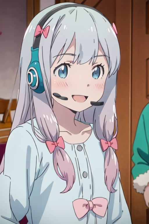 best quality, masterpiece, highres, solo, {izumi_sagiri_eromangasensei:1.15}, grey_hair, long_hair, blush, bow, hair_bow, pink_bow, blue_eyes, bangs, pajamas, closed_mouth, indoors, 1girl, :d, headset, looking_at_viewer, open_mouth, portrait, smile, anime_coloring, close-up, parody