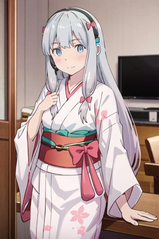 best quality, masterpiece, highres, solo, {white kimono:1.35}, {red hakama:1.35}, {wide sleeves:1.20}, {izumi_sagiri_eromangasensei:1.15}, grey_hair, long_hair, blush, bow, hair_bow, pink_bow, blue_eyes, bangs, pajamas, closed_mouth, indoors