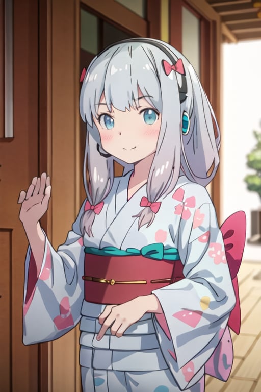 best quality, masterpiece, highres, solo, {yukata:1.40}, {kimono:1.20}, {izumi_sagiri_eromangasensei:1.15}, grey_hair, long_hair, blush, bow, hair_bow, pink_bow, blue_eyes, bangs, pajamas, closed_mouth, indoors