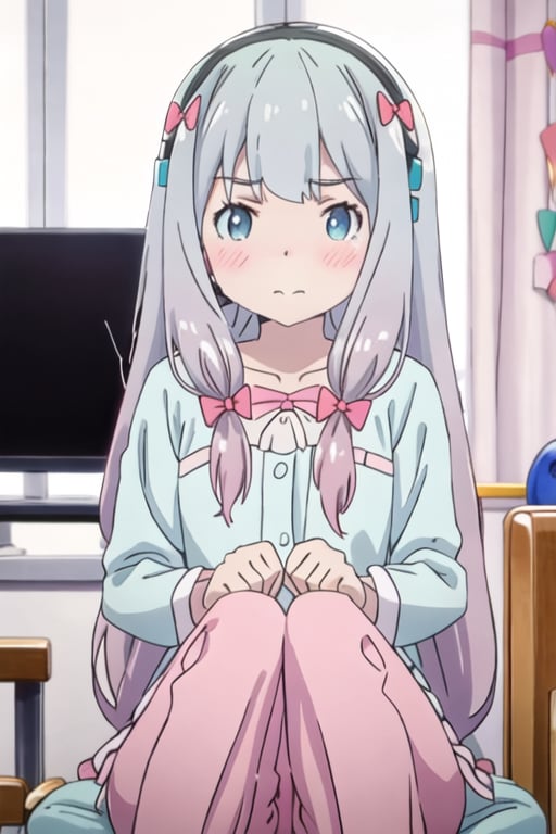 best quality, masterpiece, highres, solo, {izumi_sagiri_eromangasensei:1.15}, grey_hair, long_hair, blush, bow, hair_bow, pink_bow, blue_eyes, bangs, pajamas, closed_mouth, indoors, 1girl