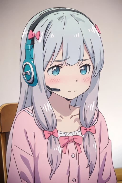 best quality, masterpiece, highres, solo, {izumi_sagiri_eromangasensei:1.15}, grey_hair, long_hair, blush, bow, hair_bow, pink_bow, blue_eyes, bangs, pajamas, closed_mouth, indoors, 1girl, collarbone, headphones, headset, portrait, shirt