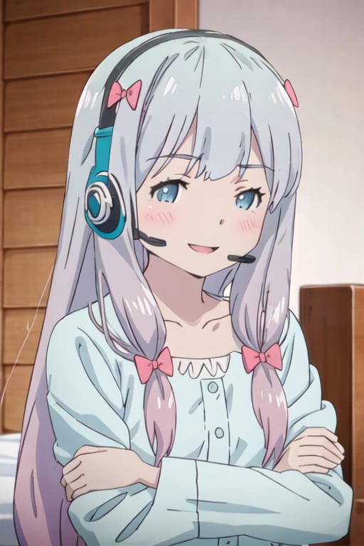 best quality, masterpiece, highres, solo, {izumi_sagiri_eromangasensei:1.15}, grey_hair, long_hair, blush, bow, hair_bow, pink_bow, blue_eyes, bangs, pajamas, closed_mouth, indoors, 1girl, closed_eyes, headset, parody, smile, ^_^, portrait, anime_coloring, collarbone, curtains, facing_viewer, open_mouth