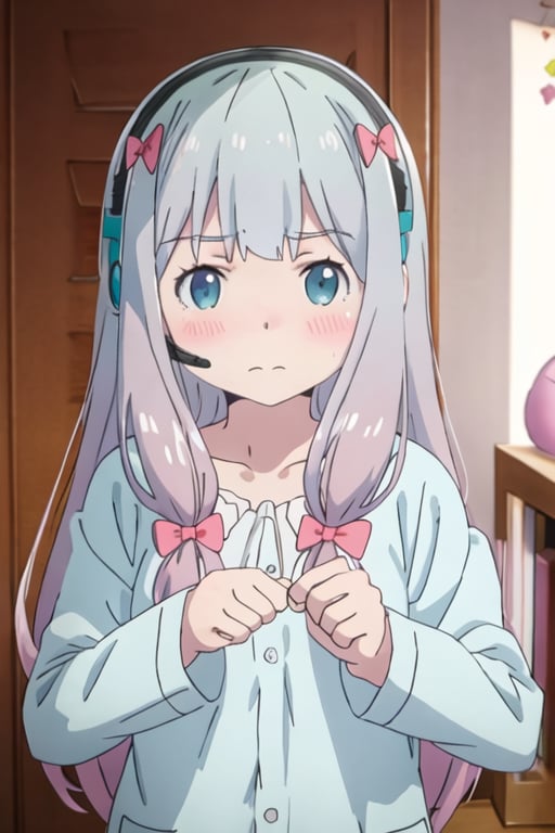 best quality, masterpiece, highres, solo, {izumi_sagiri_eromangasensei:1.15}, grey_hair, long_hair, blush, bow, hair_bow, pink_bow, blue_eyes, bangs, pajamas, closed_mouth, indoors