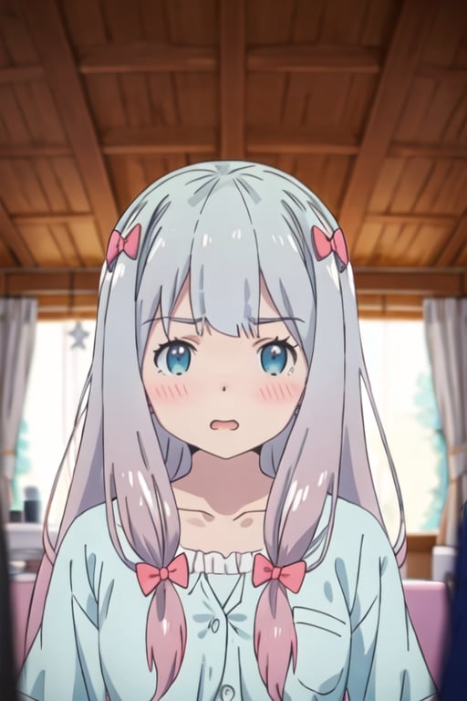 best quality, masterpiece, highres, solo, {izumi_sagiri_eromangasensei:1.15}, grey_hair, long_hair, blush, bow, hair_bow, pink_bow, blue_eyes, bangs, pajamas, closed_mouth, indoors, 1girl, anime_coloring, collarbone, open_mouth, portrait, official_style, blurry, parody