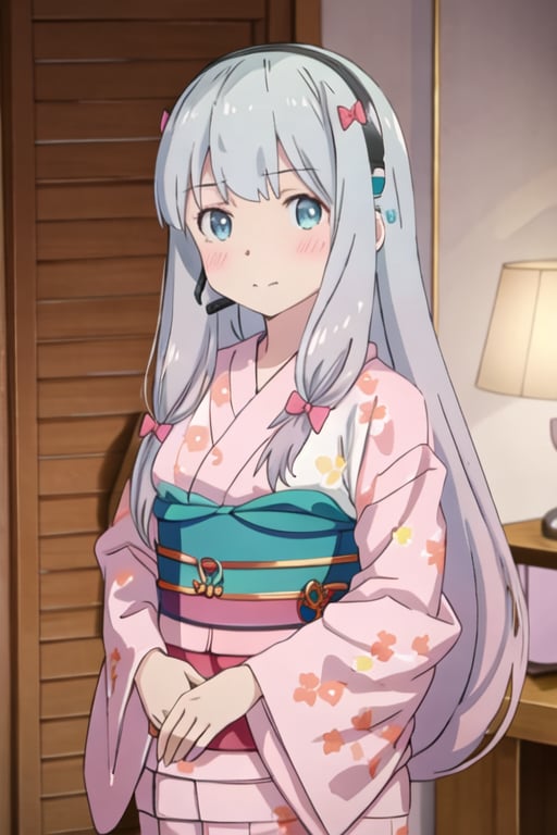 best quality, masterpiece, highres, solo, {izumi_sagiri_eromangasensei:1.15}, grey_hair, long_hair, blush, bow, hair_bow, pink_bow, blue_eyes, bangs, pajamas, closed_mouth, indoors, 1girl, japanese_clothes, kimono, pink_kimono, yukata, looking_at_viewer, upper_body