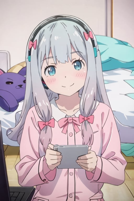 best quality, masterpiece, highres, solo, {izumi_sagiri_eromangasensei:1.15}, grey_hair, long_hair, blush, bow, hair_bow, pink_bow, blue_eyes, bangs, pajamas, closed_mouth, indoors, 1girl, gradient_hair, multicolored_hair, smile, lying, pink_hair, on_stomach