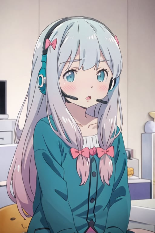 best quality, masterpiece, highres, solo, {izumi_sagiri_eromangasensei:1.15}, grey_hair, long_hair, blush, bow, hair_bow, pink_bow, blue_eyes, bangs, pajamas, closed_mouth, indoors, 1girl, headset, open_mouth, under_covers, gradient_hair, multicolored_hair, :o, blanket, aqua_eyes, looking_at_viewer