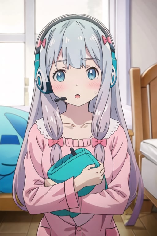 best quality, masterpiece, highres, solo, {izumi_sagiri_eromangasensei:1.15}, grey_hair, long_hair, blush, bow, hair_bow, pink_bow, blue_eyes, bangs, pajamas, closed_mouth, indoors, 1girl, collarbone, open_mouth, headset, official_style, anime_coloring, :o, headphones, ribbon, stuffed_toy