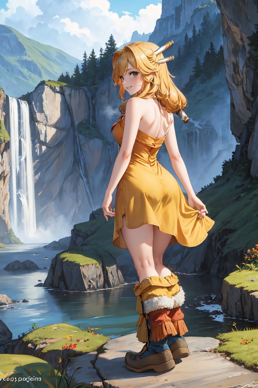 masterpiece, best quality,  <lora:lomimu-nvwls-v1-000009:0.9> lomImu, hair ornament, (yellow sundress:1.3), from behind, boots, garden, cliffs, waterfall, looking at viewer, grin