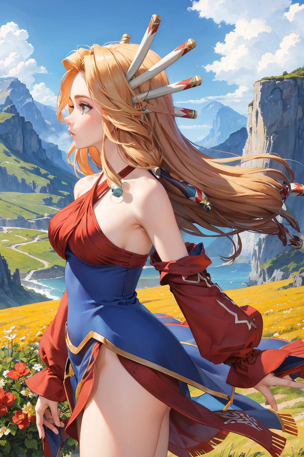 masterpiece, best quality,  <lora:lomimu-nvwls-v1-000009:0.9> lomImu, hair ornament, halterneck, criss-cross halter, dress, detached sleeves, cowboy shot, mountains, profile, standing, sky, clouds, cliffs, field