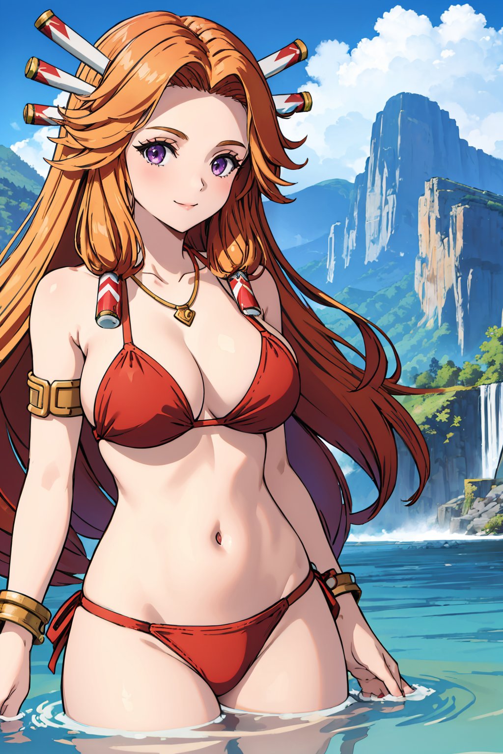 masterpiece, best quality,  <lora:lomimu-nvwls-v1-000009:0.9> lomImu, hair ornament, red bikini, large breasts, partially submerged, lake, armlet, necklace, looking at viewer, smile, mountains, cliffs, waterfall, purple eyes