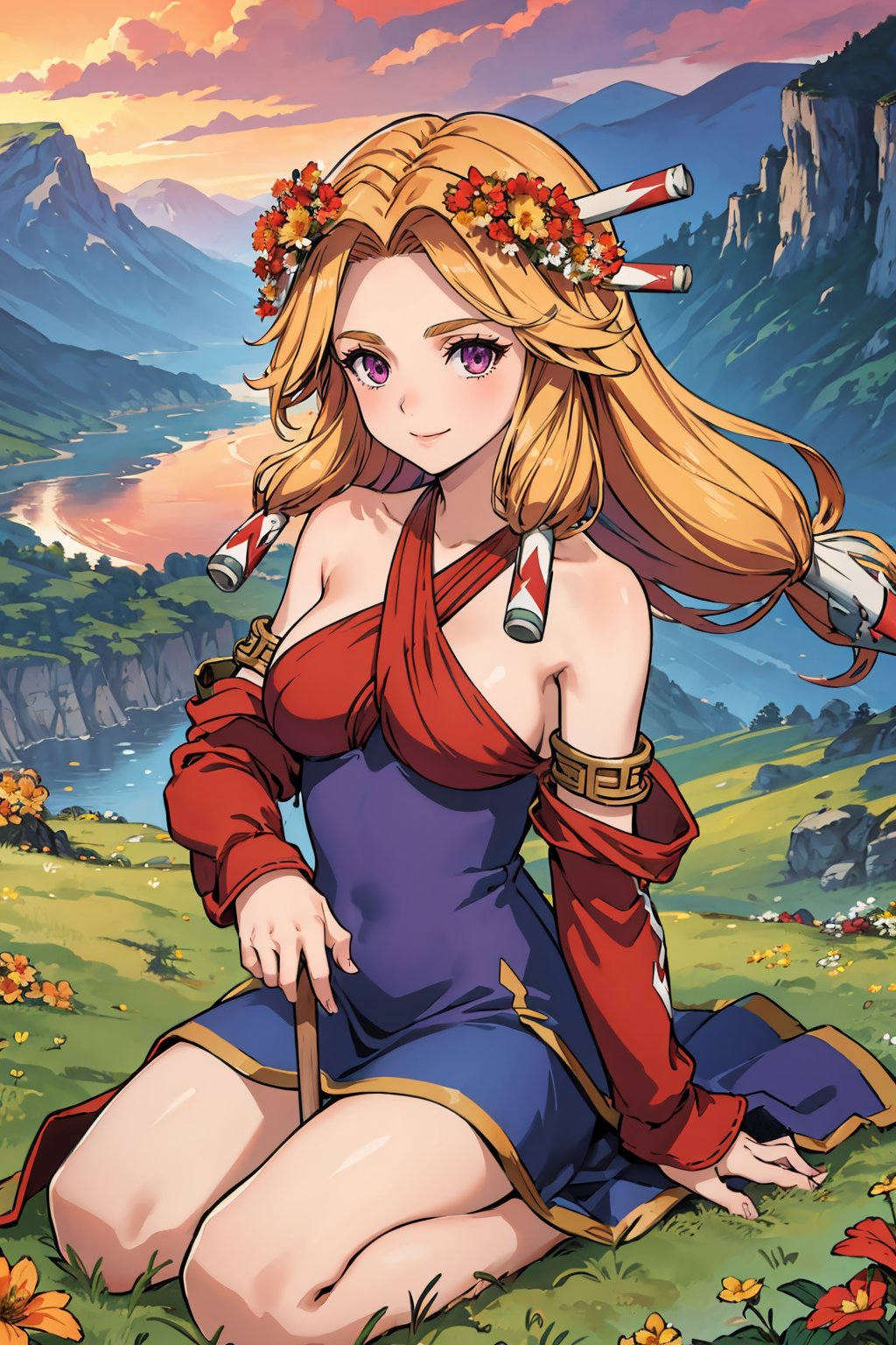 masterpiece, best quality,  <lora:lomimu-nvwls-v1-000009:0.9> lomImu, hair ornament, halterneck, criss-cross halter, dress, detached sleeves, cliffs, mountains, field, landscape, holding spear, red sky, looking at viewer, seiza, from above, flowers, on ground, grass, smile, head wreath, purple eyes