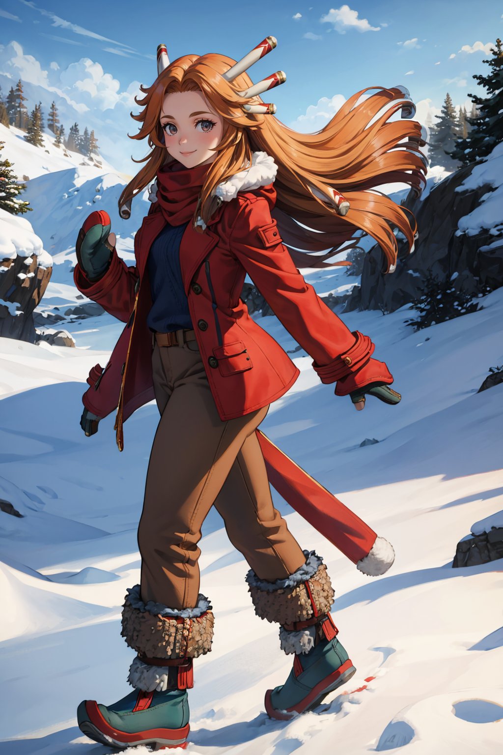 masterpiece, best quality,  <lora:lomimu-nvwls-v1-000009:0.9> lomImu, hair ornament, red peacoat, fur trim, mittens, boots, snow, tundra, walking, brown pants, looking at viewer, smile