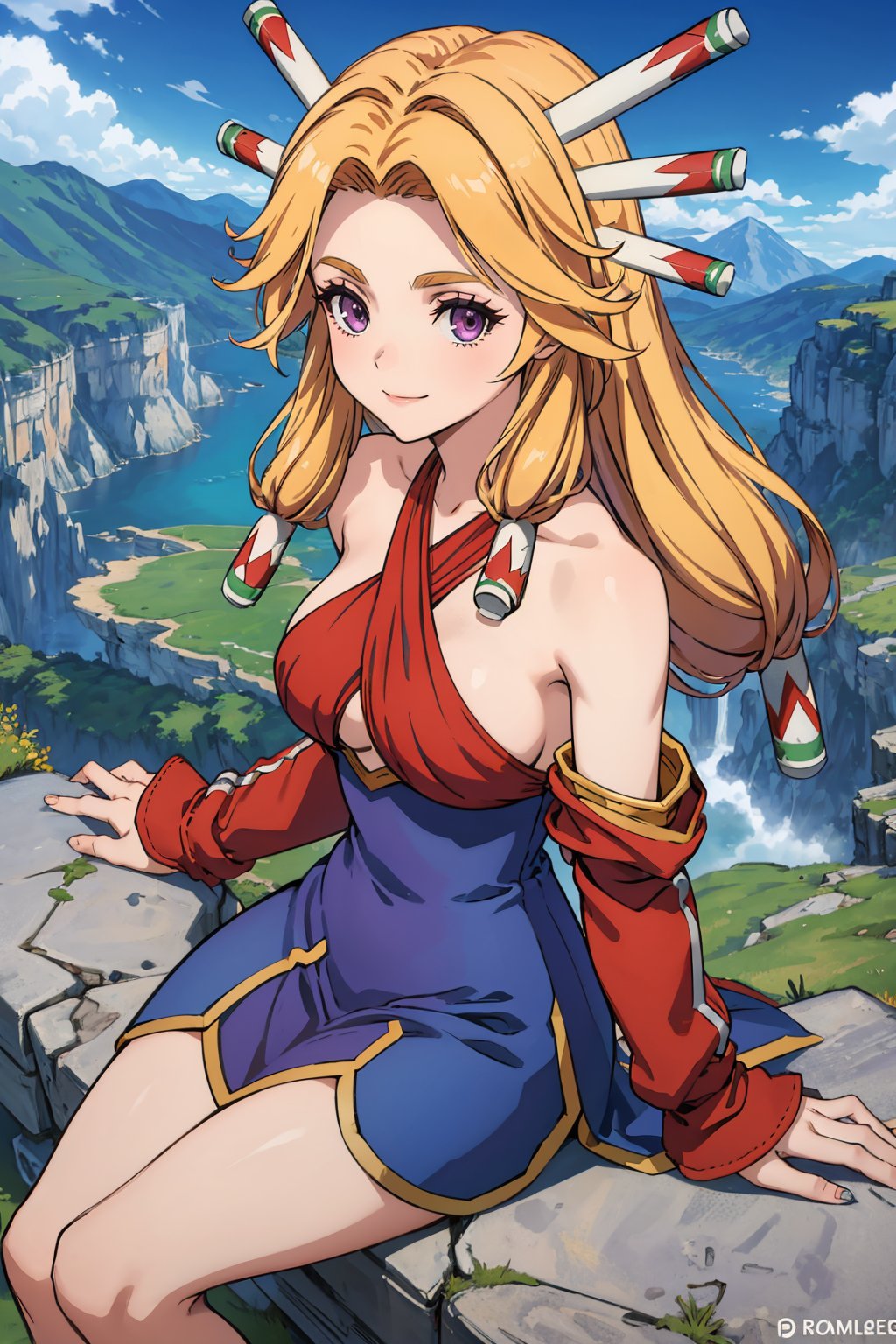 masterpiece, best quality,  <lora:lomimu-nvwls-v1-000009:0.9> lomImu, purple eyes, hair ornament, halterneck, criss-cross halter, dress, detached sleeves, sitting, cliffs, from above, mountains, field, landscape, blue sky, clouds, smile, looking at viewer