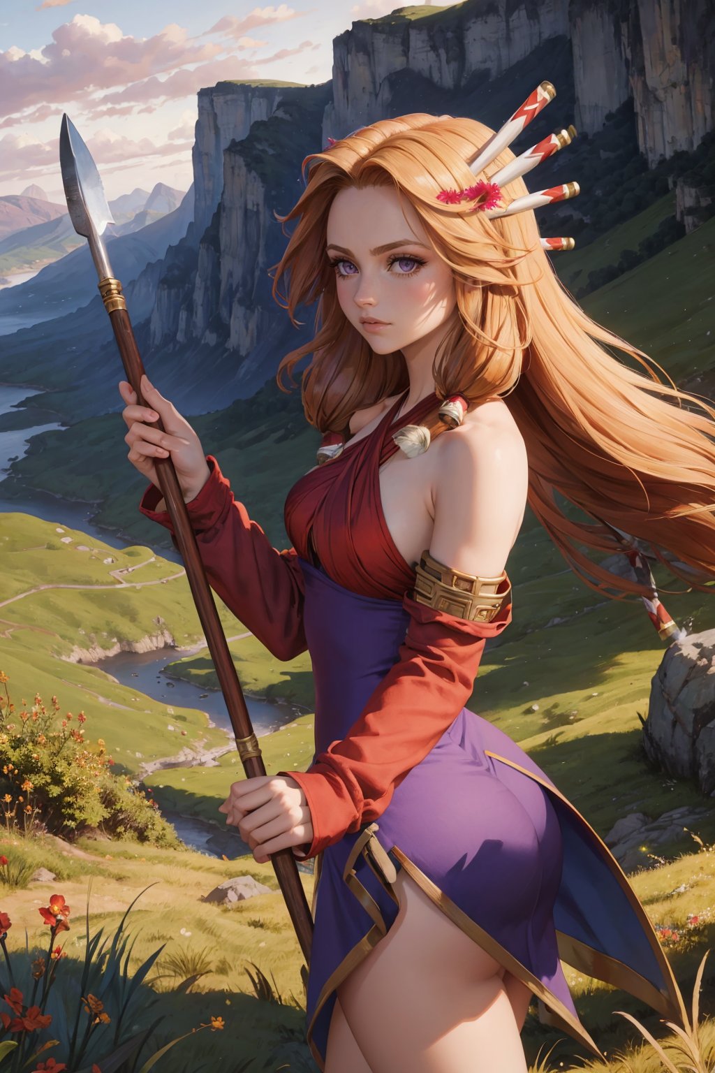 masterpiece, best quality,  <lora:lomimu-nvwls-v1-000009:0.9> lomImu, purple eyes, hair ornament, halterneck, criss-cross halter, dress, detached sleeves, cliffs, mountains, field, landscape, holding spear, red sky, looking at viewer, shadowed face, spear, weapon, furrowed brow