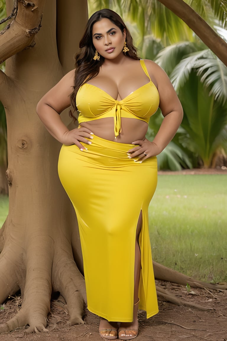 film still, cute indian bbw wearing solid color petticoat skirt and string bra looking at camera,  large boobs, curvy thick body, big hips, yellow dress, earrings, front view with legs crossed, near large tree holding a branch
