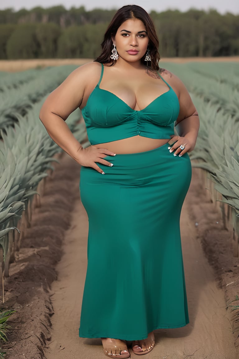 film still, front view, cute indian bbw looking at camera,  large boobs, curvy thick body, big hips, wearing petticoat skirt, bra, earrings, in field of plants