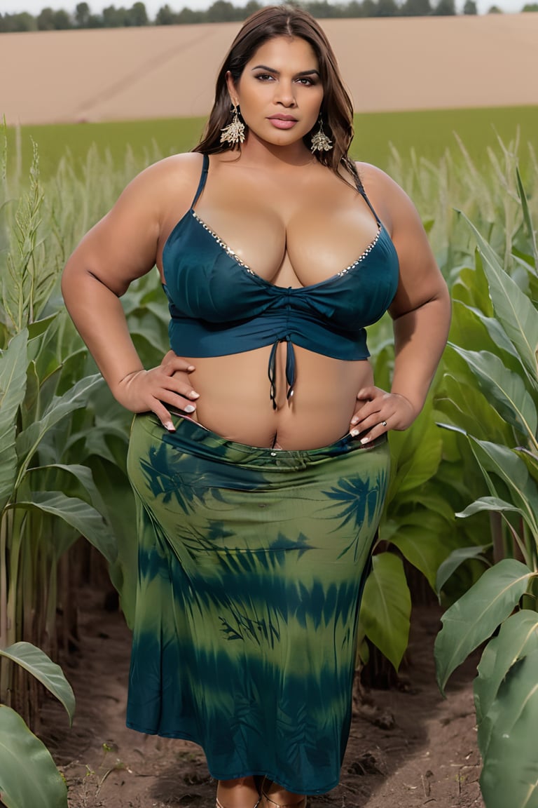 film still, front view, cute indian bbw looking at camera,  large boobs, curvy thick body, big hips, wearing petticoat skirt, bralette, earrings, in field of plants