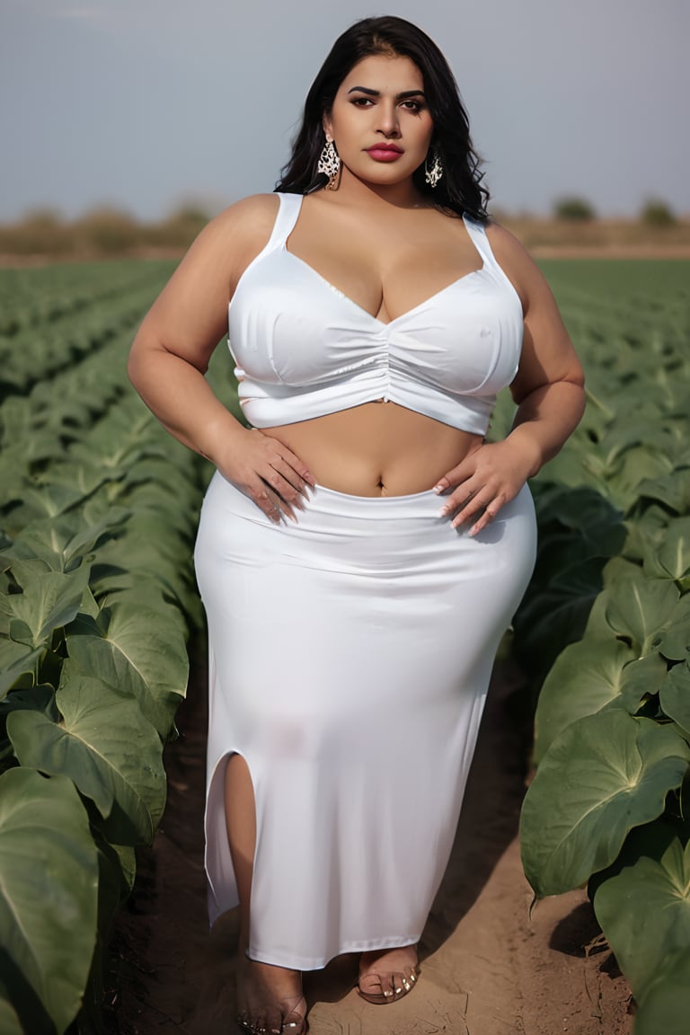film still, front view, beautiful indian bbw looking at camera,  sexy bimbo body, large boobs, wearing pencil petticoat skirt touching ground, blouse, earrings, in field of plants