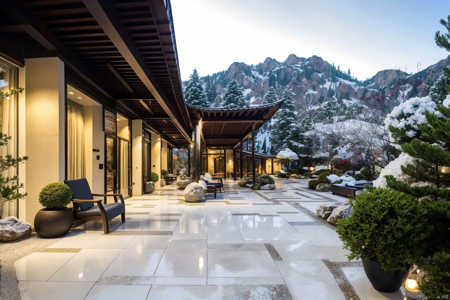 (best quality:1.2), (marble floor), maple leaves, 1 luxury hotel in (snow-capped mountain:1.3),rock moutain, potted plants, rattan chairs, bare rocks, snow, 