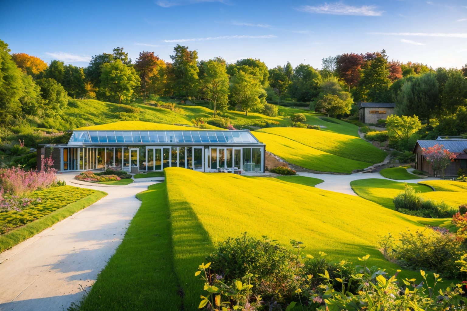 
yellow paddy field with floating boardwalks,countryside,(yellow paddy field:1.5),bird view of a village,ZHIGAN,a curve gravel road,a row of brown wooden and glass houses with pitched roof and with white lights shining inside and a curve road in frond of them,the glass houses are surrounded by many trees,the trees are yellow and red,beautiful autumn,best renderings,glass houses,twilight,rendered in lumion pro,old asian village, architectural rendering,