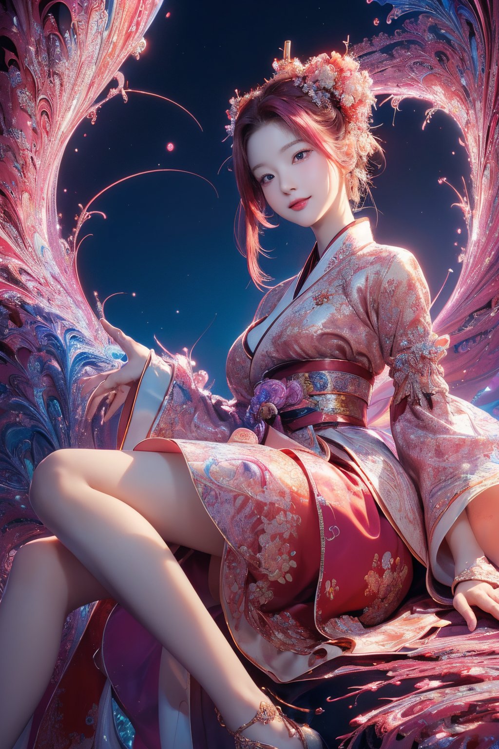 (masterpiece, top quality, best quality, official art, beautiful and aesthetic:1.2), (1girl), extreme detailed,(fractal art:1.3),colorful,highest detailed, young girl, hanbok, nice round tits, sexy smile, sexual pose, glowing, red wine color hair, wide viewing angle, (look from below:1.3), thighs focus, ray tracing 