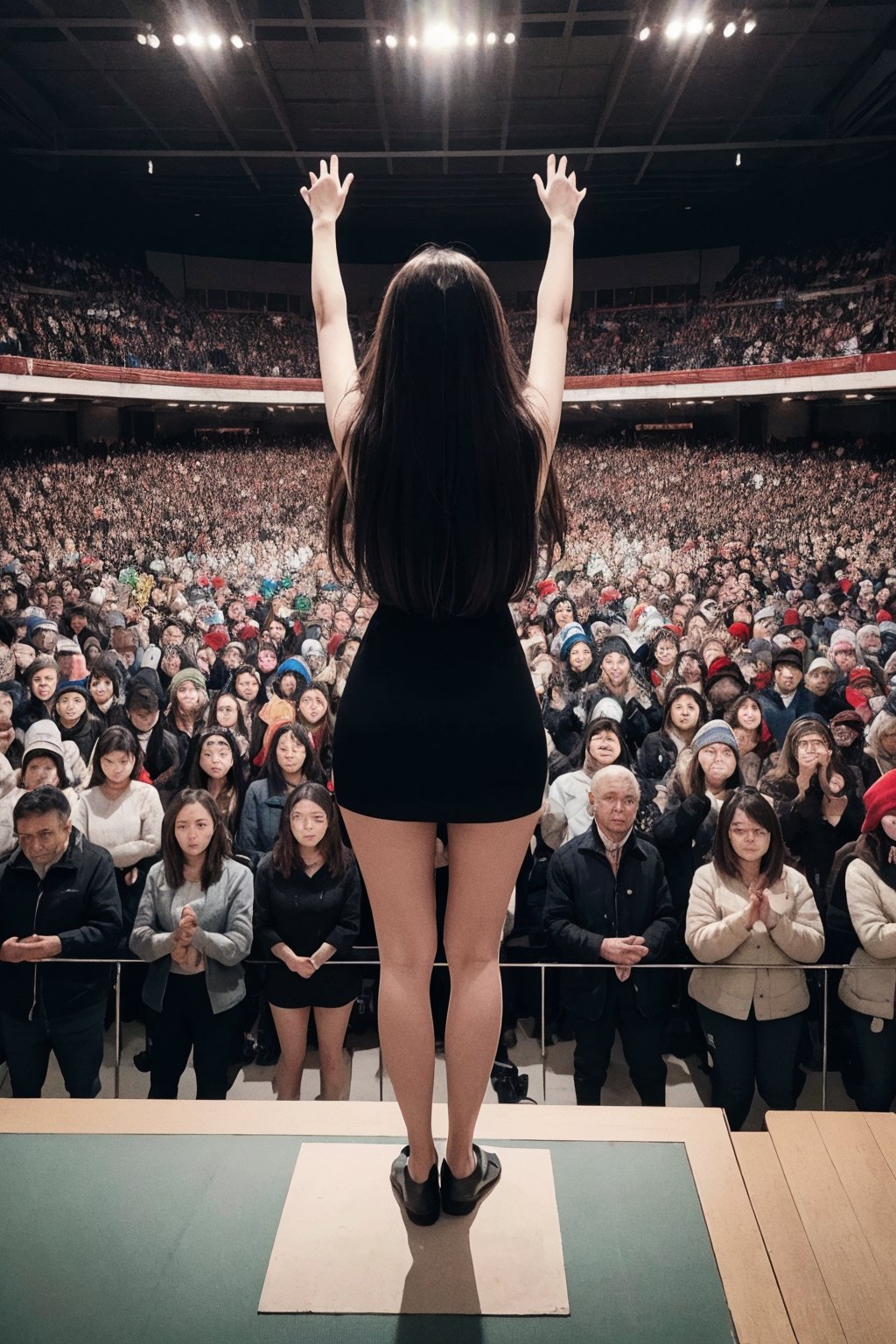 (masterpiece, best quality, highres:1.2), 1girl, full body, standing at podium, facing away, facing large crowd, propaganda, large event, cultish, cult leader, see from far