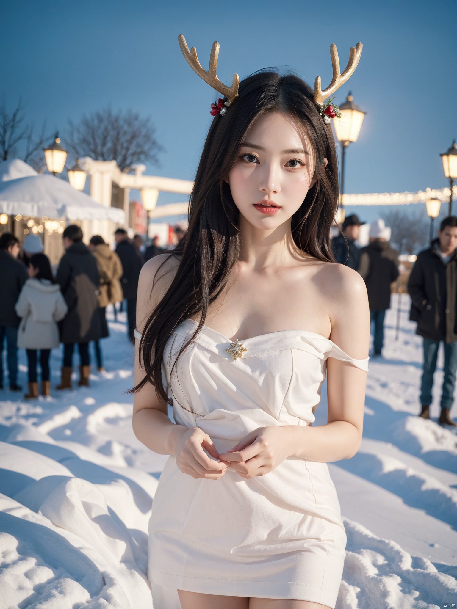 1girl,christmas,bare shoulders,antlers,(cowboy shot close-up),standing,exquisite eyes,night,cityscape,snowing,striped stockings,elegant posture,(an extremely delicate and beautiful),(best quality),((masterpiece)),intricate detail,(masterpiece, high quality, best quality),