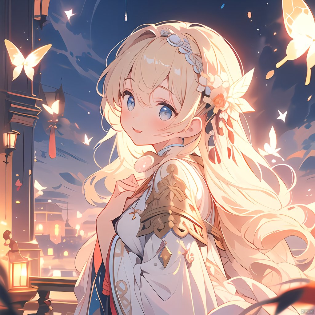 (((masterpiece))), ((best quality)), ((intricate detailed)),(\shen ming shao nv\), glowing butterfly, 1girl,from left side, long hair, blonde hair, white dress,Upper body to thighs, watery eyes,delicate detailed eyes,long hair,black hair mange style,long sleeve,flower headband,4k,8k,round eyes,round pupil,happy,colourful,fantasy magical,complex hair detail,happy,texture on clothings, girl