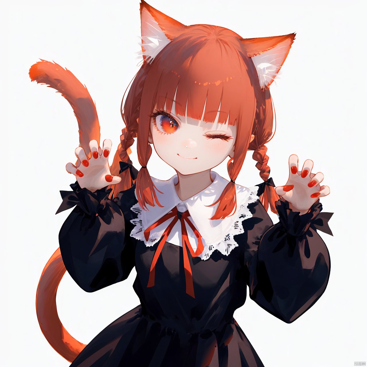  nai3, 1girl, red nails, animal ears, solo, red eyes, cat ears, red hair, one eye closed, tail, twin braids, simple background, braid, white background, cat tail, bangs, dress, ribbon, long hair, nail polish, red ribbon, looking at viewer, neck ribbon, long sleeves, kaenbyou rin, claw pose, black dress, blunt bangs, animal ear fluff, hands up, puffy sleeves, closed mouth, twintails, bow, cowboy shot, smile