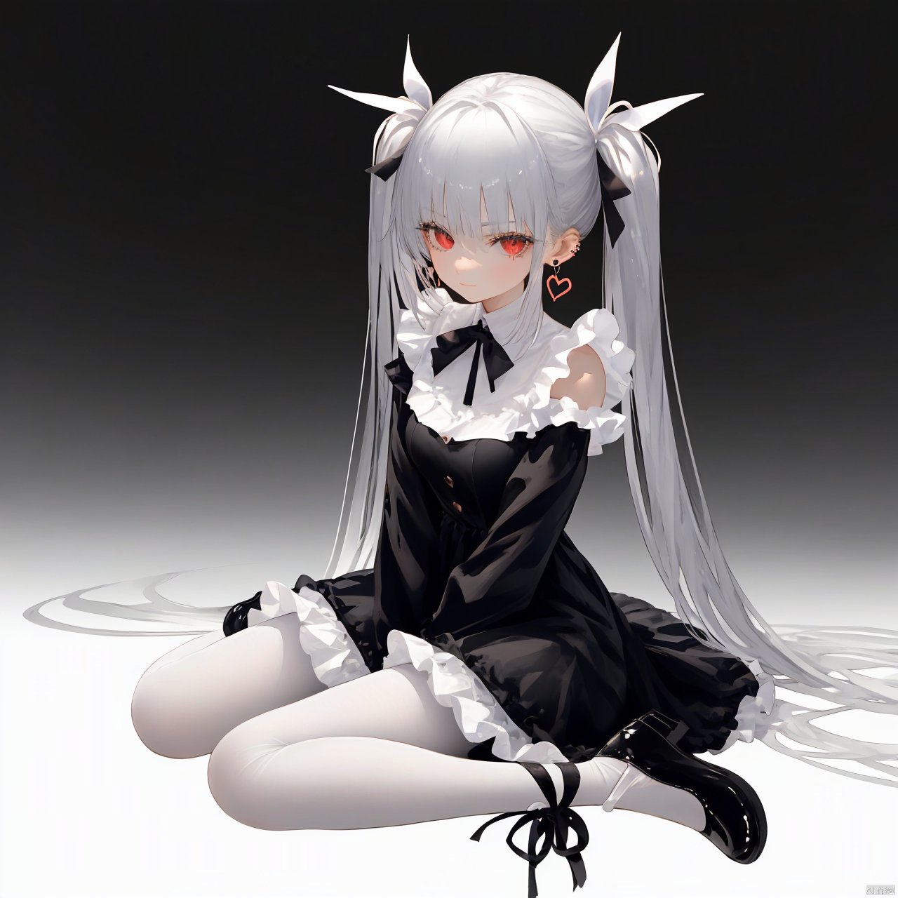 nai3, 1girl, solo, dress, long hair, black dress, white background, twintails, earrings, jewelry, black footwear, simple background, looking at viewer, red eyes, sitting, long sleeves, very long hair, bangs, ribbon, hair ribbon, black ribbon, breasts, full body, pantyhose, closed mouth, frills, wariza, frilled dress, between legs, grey hair, hand between legs, nail polish, heart earrings, bow, white ribbon, white hair