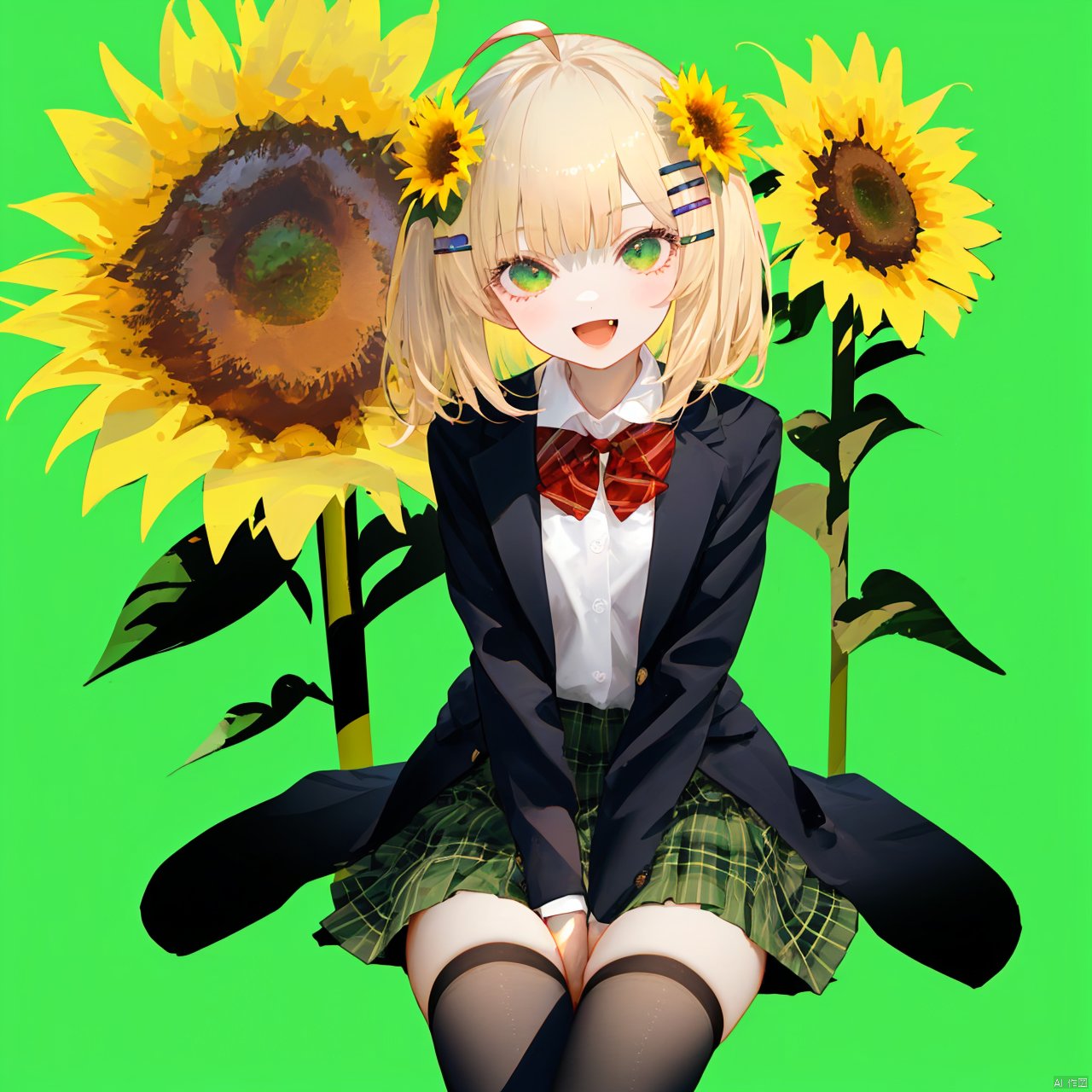 nai3, 1girl, hair ornament, solo, thighhighs, skirt, ahoge, virtual youtuber, green eyes, flower, shirt, green skirt, hair flower, looking at viewer, sitting, sunflower hair ornament, open mouth, bow, white shirt, hairclip, black thighhighs, smile, jacket, red bow, bangs, collared shirt, between legs, long sleeves, sunflower, plaid, plaid skirt, bowtie, :d, hand between legs, red bowtie, school uniform, blazer, zettai ryouiki, pleated skirt, medium hair, green background, fang, blonde hair, short hair, black jacket, feet out of frame