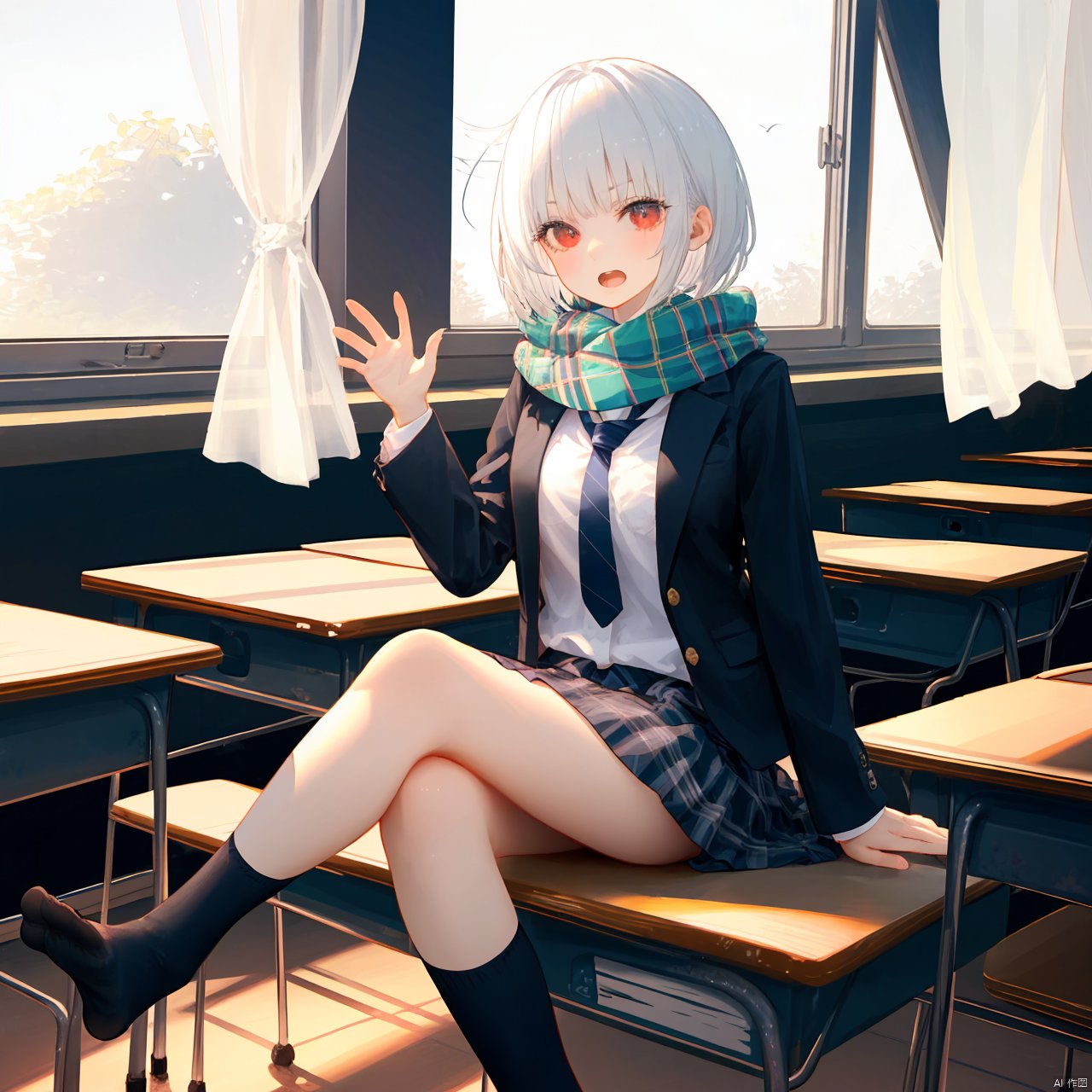 nai3, 1girl, solo, scarf, red eyes, no shoes, skirt, feet, socks, open mouth, jacket, green scarf, soles, desk, looking at viewer, window, shirt, white hair, indoors, foot focus, open jacket, sitting, open clothes, on desk, plaid, black socks, short hair, white shirt, bangs, toes, black jacket, curtains, blazer, long sleeves, pleated skirt, school uniform, blush, necktie, sitting on desk, breasts, kneehighs, school desk, plaid skirt, miniskirt, hand up, foreshortening, fringe trim, plaid scarf, sunlight, classroom