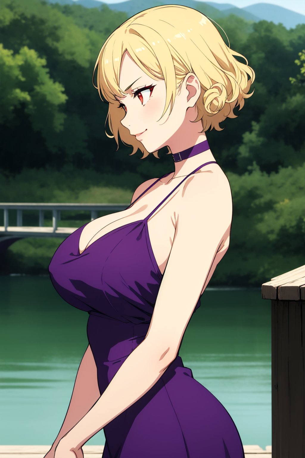 (masterpiece, best quality:1.2), 1girl, short curly blonde hair, glowing red eyes, large breasts, choker, purple dress, bridge, lake, smug, from side