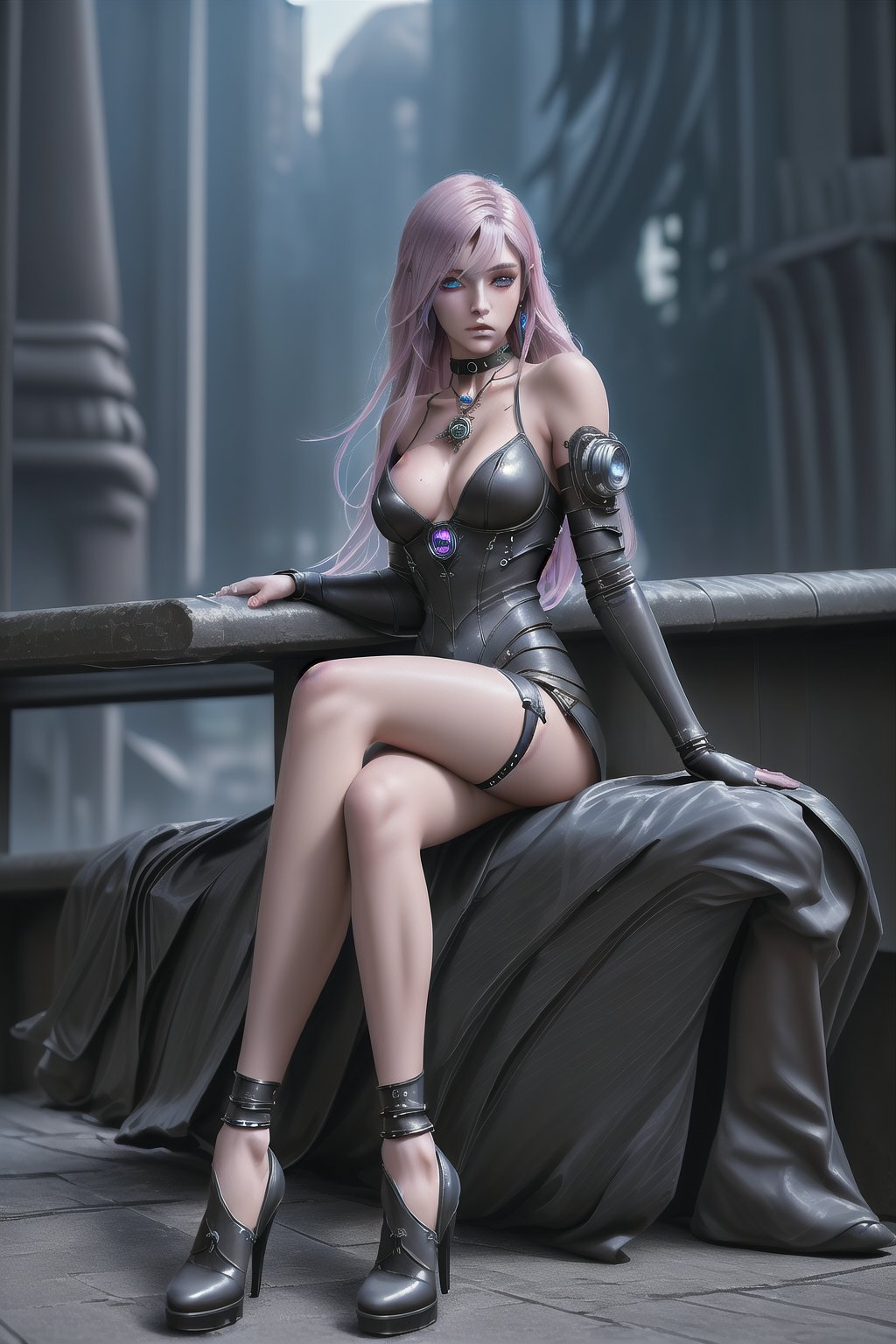 (Stunning Cyperpunk Female), (Metropolis Setting) (Sitting on a Bench in a Citypark), (Full body), (BODY IN MOTION), (Kynetic Body Parts), (Perfect Traced Face), (Outstanding Complex background), Masterpiece, Proportionate, HDR, Photorealistic, Insane Coloration, (Extreme Detailed Futuristic Clothing), clothing with Beautiful bright Neon colours, Clothing design has fractal and tiling features with insane futuristic details, Clothing Material is smooth Leather, Extreme Majestic Fashion, High Heels, (Stocking Barely seeable),Choker, Amulet, Long Intense Hair, Hair Jewelry, Cold Breeze, aesthetic Pose, Neon Environment, Sunset lighting, (Proportionate Body), Perfect rendering, Reallife Human, Dark Cyberpunk, Dark Cyberpunk setting, Chiaroscuro, (Beautiful Noticeable Light Eyes), Long Earings, Little bit Steampunk setting, Cyberpunk Clothing, Mythic clothing Touch, Particularly Outstanding Generation, Outstanding Image, Human Anatomy, {{Dark Foggy Ambient}},

