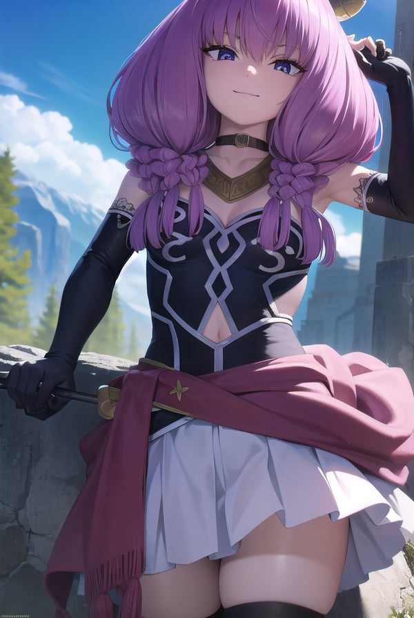 auratheguillotine, <lora:aura the guillotine v2-lora-nochekaiser:1>,aura the guillotine, long hair, (purple eyes:1.1), purple hair, braid, horns, twin braids, smile,BREAK skirt, thighhighs, gloves, choker, black gloves, elbow gloves, magical girl,BREAK outdoors,BREAK looking at viewer,BREAK <lyco:GoodHands-beta2:1>, (masterpiece:1.2), best quality, high resolution, unity 8k wallpaper, (illustration:0.8), (beautiful detailed eyes:1.6), extremely detailed face, perfect lighting, extremely detailed CG, (perfect hands, perfect anatomy),