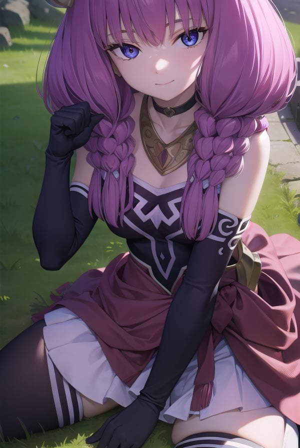 aura the guillotine, <lora:aura the guillotine v2-lora-nochekaiser:1>,aura the guillotine, long hair, (purple eyes:1.1), purple hair, braid, horns, twin braids, smile,BREAK skirt, thighhighs, gloves, choker, black gloves, elbow gloves, magical girl,BREAK outdoors,BREAK looking at viewer,BREAK <lyco:GoodHands-beta2:1>, (masterpiece:1.2), best quality, high resolution, unity 8k wallpaper, (illustration:0.8), (beautiful detailed eyes:1.6), extremely detailed face, perfect lighting, extremely detailed CG, (perfect hands, perfect anatomy),